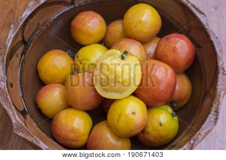 Mexican clay bowl filled with ripe orange Spondias purpurea jocote hog plum fruit and one half eaten revealing large seed inside