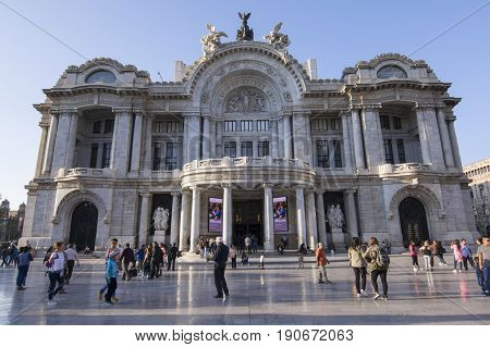 MEXICO CITY MEXICO - APRIL 19 2017: Completed in 1934 under Mexican architect Federico Mariscal the Palacio de Bellas Artes (Palace of Fine Arts) in a well-known cultural center in the heart of Mexico City.
