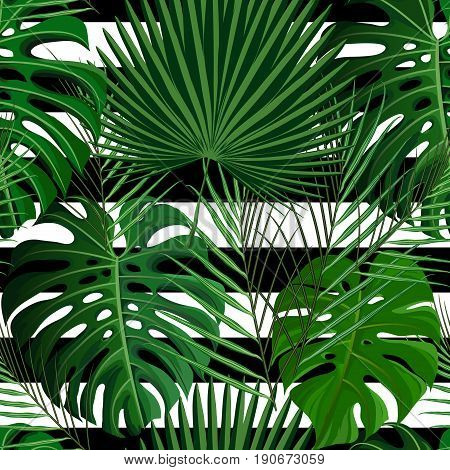 Seamless pattern with green tropical exotic palm leaves on abstract white background. Fabric, wrapping paper print. Vector illustration stock vector.