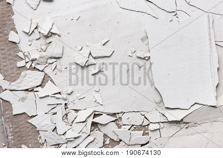 Pieces of white cracked plaster, closeup. Old peel wall background with free space. Repair and construction. Error in the technology of application of building materials