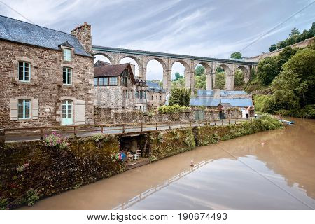 View from the river at the famous Dinan town in Brittany region in France