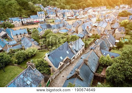 Top view on the famous Dinan town with viaduc and river Rance in Brittany region in France
