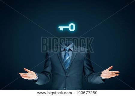 Key to success and solutions are in your mind. Businessman (consultant, coach, leader, CEO or another business person) has key to success in his mind.