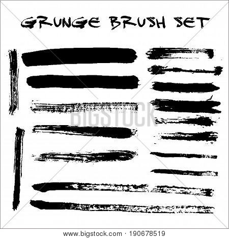 Set of black paint, ink brush strokes. Dirty artistic design elements, boxes, frames, backgrounds, textures. Vector