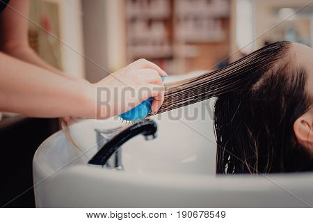 Stylist Brushing Woman Hair In Salon Pool