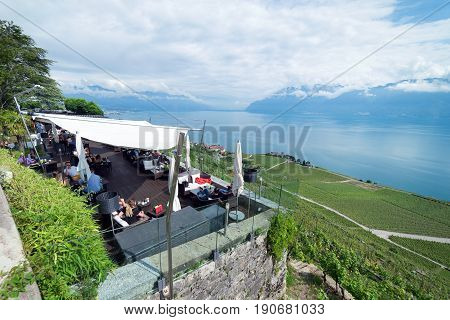 Lavaux, Switzerland. 5th June 2017. Le Baron Tavernier is a luxury hotel and restaurant at the top of UNESCO protected vinyards on the northern banks of Lake Leman (Lake Geneva) in Switzerland.
