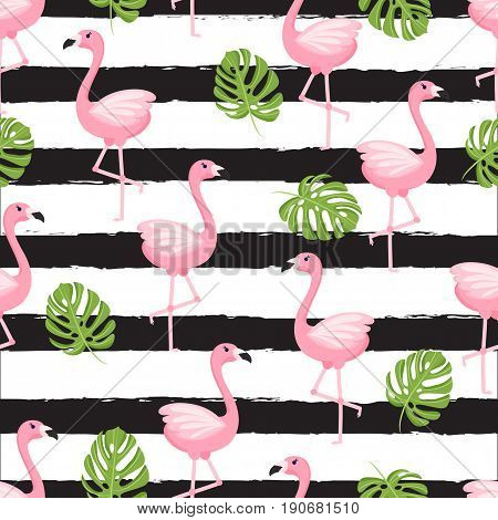 Tropical trendy seamless pattern with pink flamingos and mint green palm leaves. Exotic Hawaii art background. Design for fabric and decor.