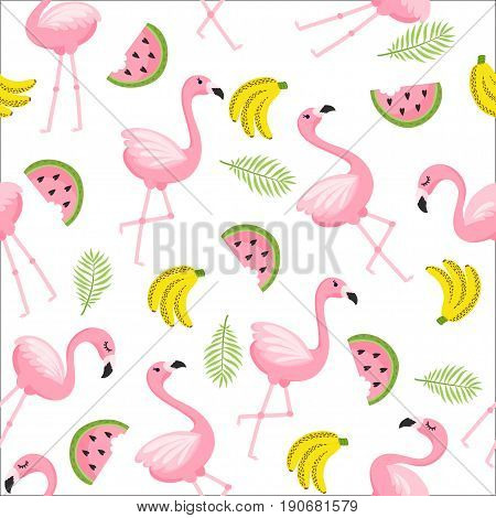 Tropical trendy seamless pattern with pink flamingos and mint green palm leaves. Exotic Hawaii art background. Design for fabric and decor.