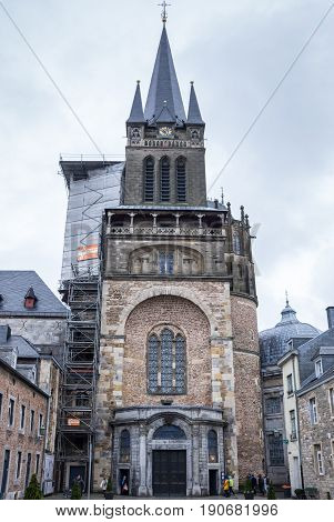 AACHEN GERMANY - FEBRUARY 20 2016: Aachen cathedral is the oldest Roman Catholic church in northern Europe Aachen Germany