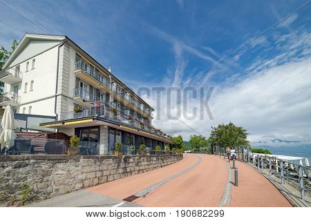 Lavaux, Switzerland. 5th June 2017. Le Baron Tavernier is a luxury hotel and restaurant at the top of UNESCO protected vinyards on the northern banks of Lake Leman (Lake Geneva) in Switzerland.
