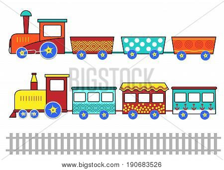 Cute kids trains. Cartoon vector set for kids backgrounds
