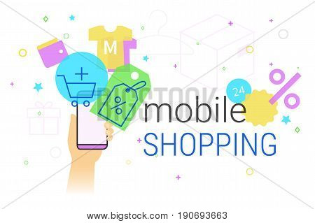 Mobile shopping on smartphone concept illustration. Human hand holds smart phone with app for fast ordering and buying goods and services with promo price and discounts. Creative e-commerce banner