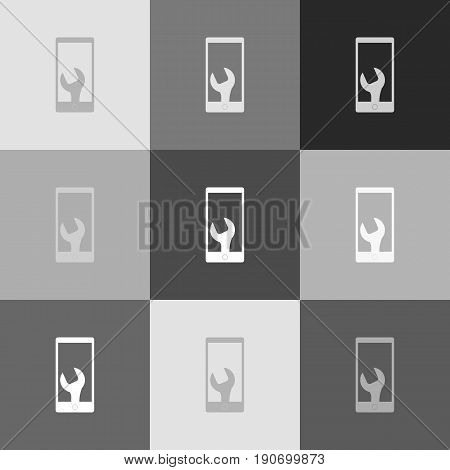 Phone icon with settings. Vector. Grayscale version of Popart-style icon.