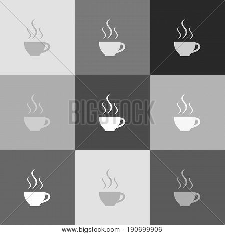 Cup sign with three small streams of smoke. Vector. Grayscale version of Popart-style icon.