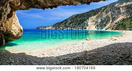 Famous Myrtos beach in Cefalonia island, view from the cave. Greece