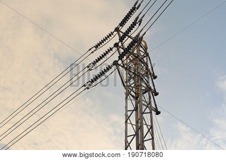 High voltage electrical pylon with blue sky