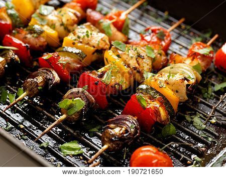 Grilled vegetable and meat skewers in a herb marinade on a grill pan