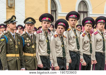 KYIV, UKRAINE - May 26, 2017: Students of the Kiev military lyceum of Ivan Bohun take part in the celebrations dedicated to the end of the academic year. The best graduates of the Lyceum.