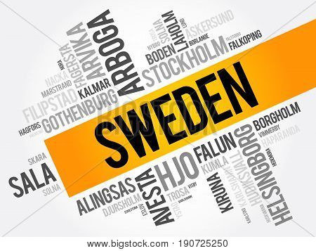 List Of Cities And Towns In Sweden, Word Cloud Collage, Business And Travel Concept Background