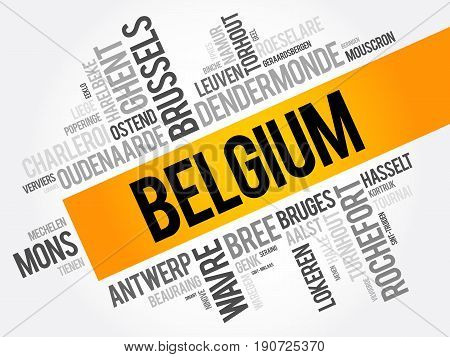 List Of Cities And Towns In Belgium, Word Cloud Collage, Business And Travel Concept Background