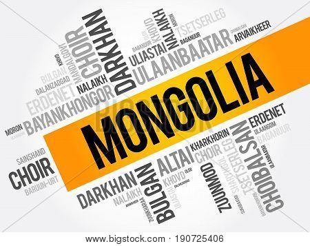 List Of Cities And Towns In Mongolia, Word Cloud Collage, Business And Travel Concept Background