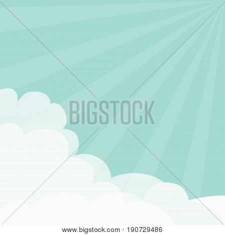 Blue sky. Sun light rays burst. Sunshine Fluffy Cloud in corners frame template. Cloudshape. Cloudy weather. Flat design. Background. Isolated Vector illustration