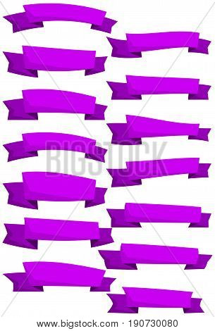 Set of purpe cartoon ribbons and banners for web design. Great design element isolated on white background. Vector illustration.