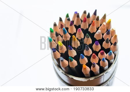Close up of full colored pencil container