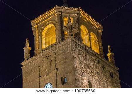 Clock Tower in Andalucia Square at night Ubeda Jaen Spain