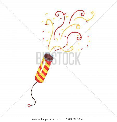 Exploding party popper with serpantin, celebration birthday symbol cartoon vector Illustration isolated on a white background