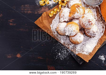 Fried carnival italian dessert in carnival top view