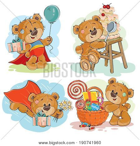 Set of vector clip art illustrations of brown teddy bear wishes you a happy birthday. Print, template, design element for greeting cards