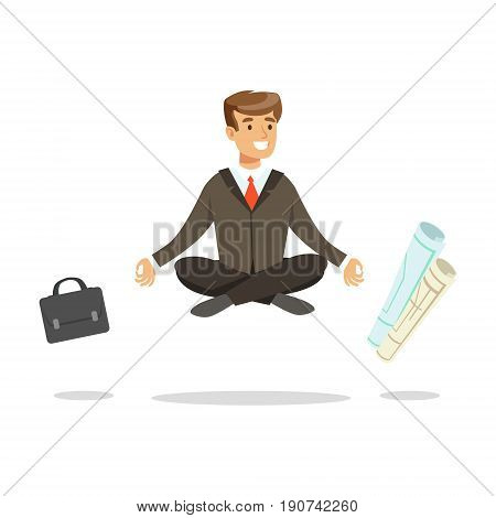 Young businessman sitting in lotus pose and meditating, briefcase and paper rolls flying around him vector Illustration isolated on a white background