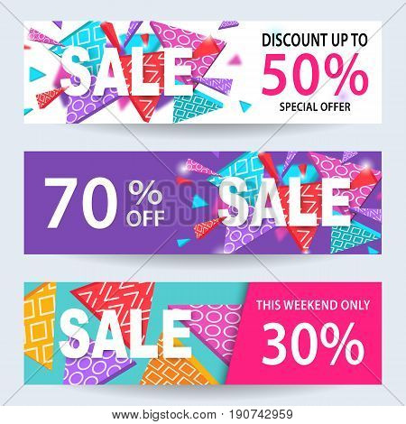 Sale banners, discount coupons template set for online shopping, mobile, website design. Social media promotional material, ads, email marketing, newsletter. Abstract shapes, vector Illustration