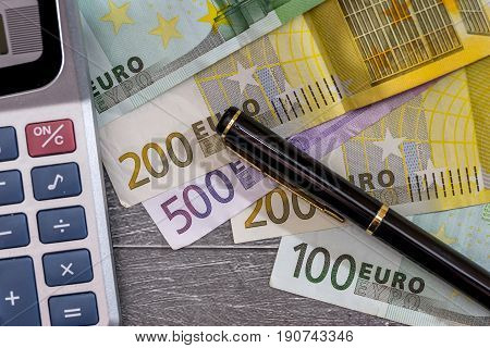 Calculator With  Euro Cins And Banknotes. Macro.