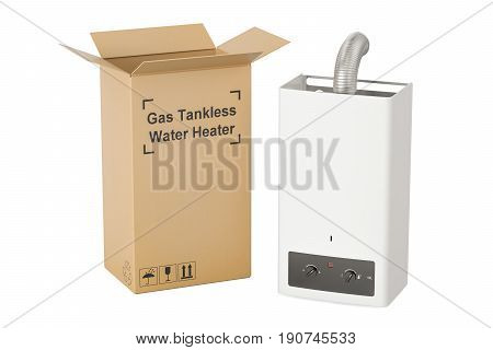 Gas tankless water heater with cardboard box delivery concept. 3D rendering