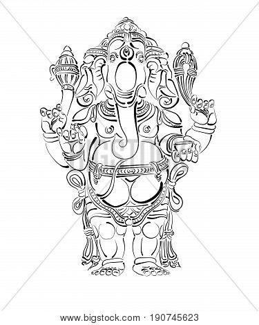 Hindu Lord Ganesha. Vector illustration. Tattoo yoga meditation.