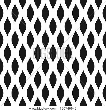 Wavy seamless pattern background in black and white. Vintage and retro abstract ornamental design of spiky ovals or lens shape. Simple flat vector illustration.