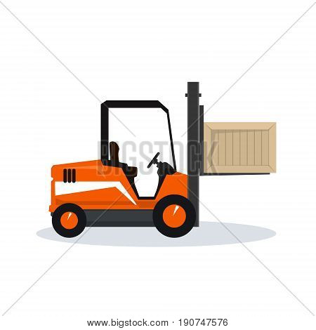 Orange Forklift Truck Isolated on White Background, Vehicle Forklift Picks up a Box, Vector Illustration