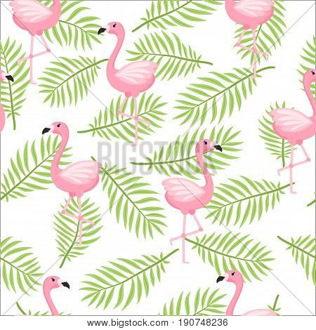 Tropical trendy seamless pattern with pink flamingos and mint green palm leaves. Exotic Hawaii art background. Design for fabric and decor.
