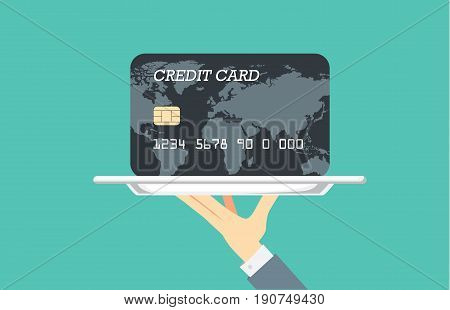 Hand holding silver tray which have black credit card paste in it. Illustration about financial with catering concept.