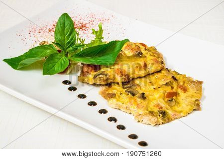 Delicious Meat Casserole With Egg And Herbs. Horizontal Frame