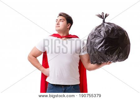 Superhero man with garbage sack isolated on white