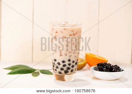 Boba / Bubble Tea. Homemade Milk Tea With Pearls On Wooden Table.