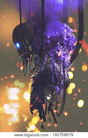 the broken robot with bouquet of purple flowers digital art style, illustration painting