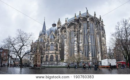 AACHEN GERMANY - FEBRUARY 20 2016: Aachen cathedral is the oldest Roman Catholic church in northern Europe Aachen Germany
