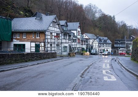 MONSCHAU GERMANY - FEBRUARY 20 2016: Half-timbered houses of Monschau a small resort town in the Eifel region of western Germany