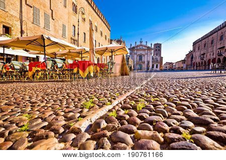 Mantova City Paved Piazza Sordello And Idyllic Cafe View