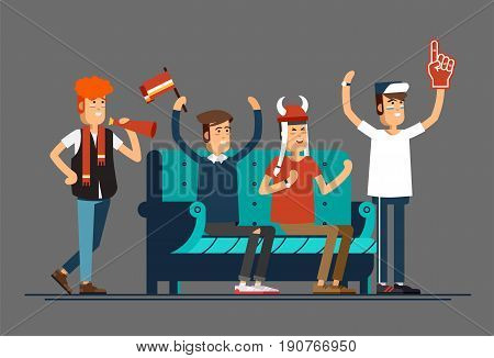 Vector flat illustration people character sport fans watching tv on cozy sofa. Young man with flags make up and accessories fans