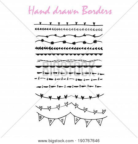 Collection of hand drawn ink borders for card, invitation. Cute and unique swirls, dividers for your stylish wedding or birthsday design. Isolated vector elements.